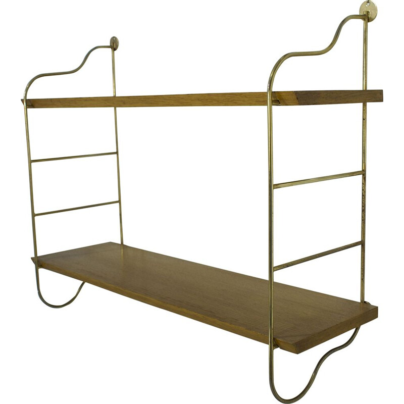 Vintage String shelf in rounded golden metal and oak shelves 1950s