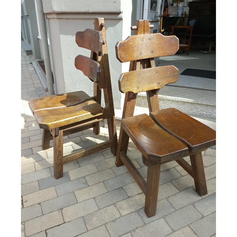 Pair of vintage brutalismus chairs in solid oak 1970s