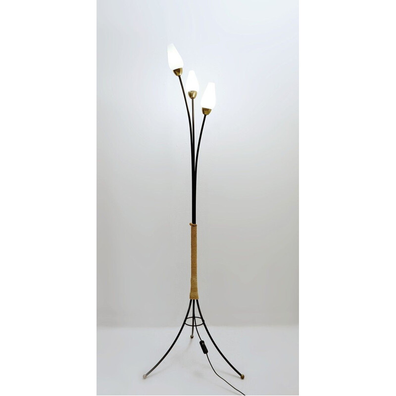 Vintage "Tulip" floor lamp in metal, brass and opaline 1950s