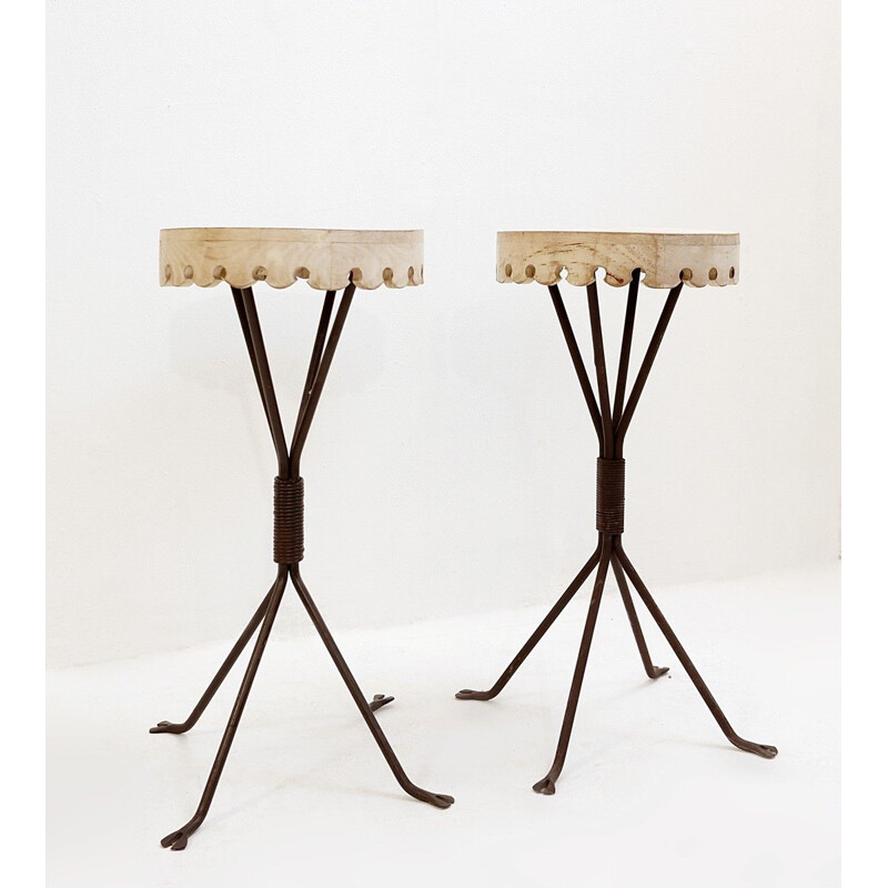 Pair of vintage wood and iron side tables