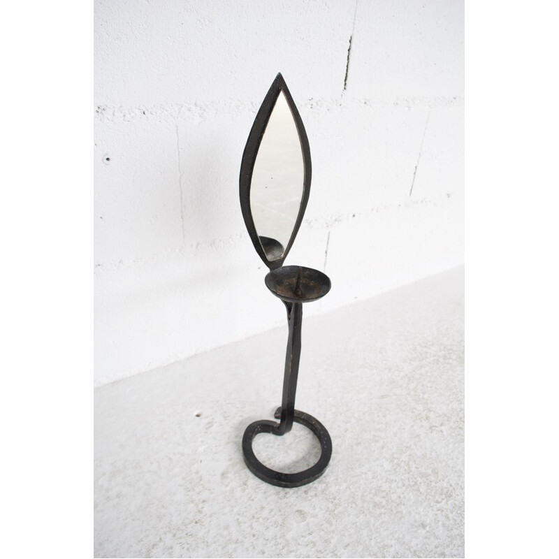 Vintage wrought iron candlestick and mirror Marolles workshop, 1950