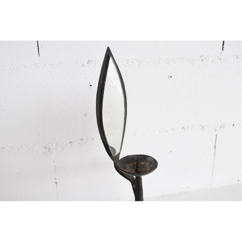Vintage wrought iron candlestick and mirror Marolles workshop, 1950