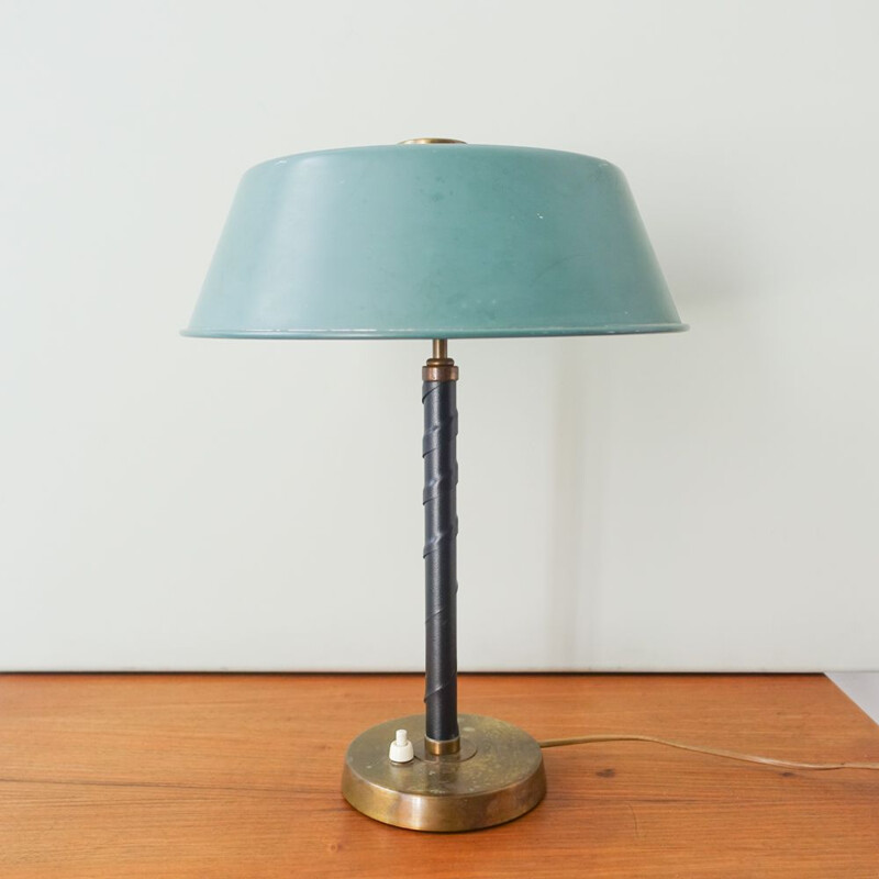 Vintage Table Lamp in Brass and Leather by Einar Backstrom, Sweden 1940s