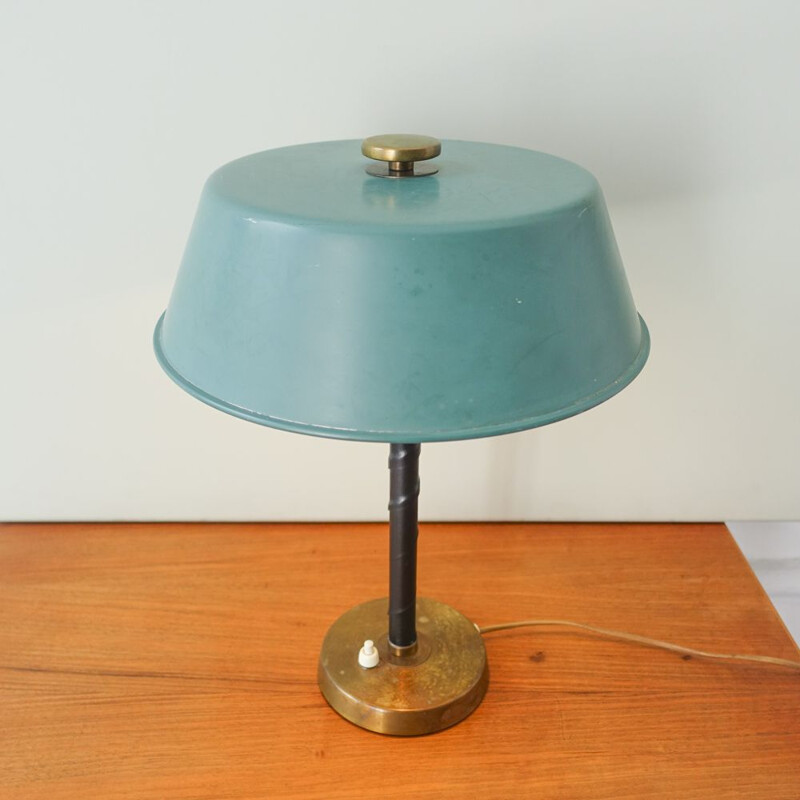 Vintage messing en lederen tafellamp van Einar Backstrom, Zweden 1940