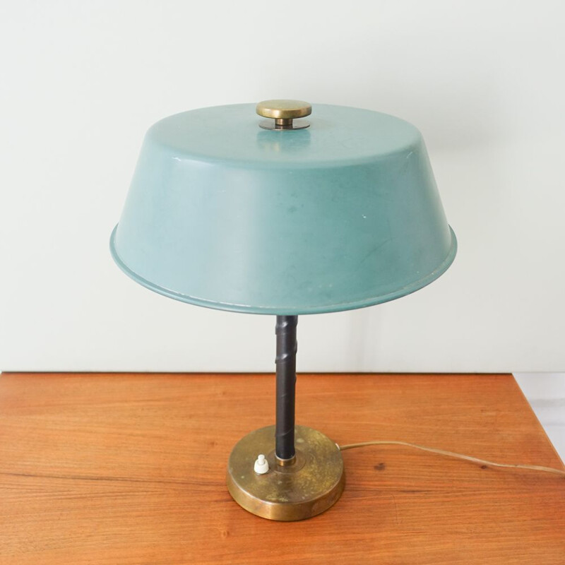 Lampada da tavolo vintage in ottone e pelle di Einar Backstrom, Svezia 1940