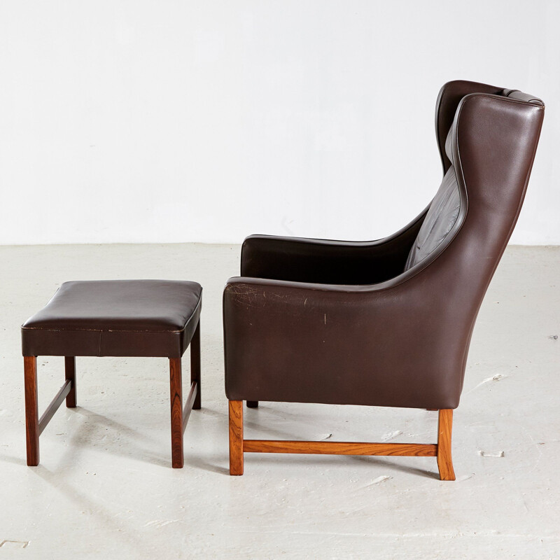 Silla de lectura vintage 965H y otomana en madera de palisandro y cuero de Fredrik A. Kayser para Vatne Mobler 1960