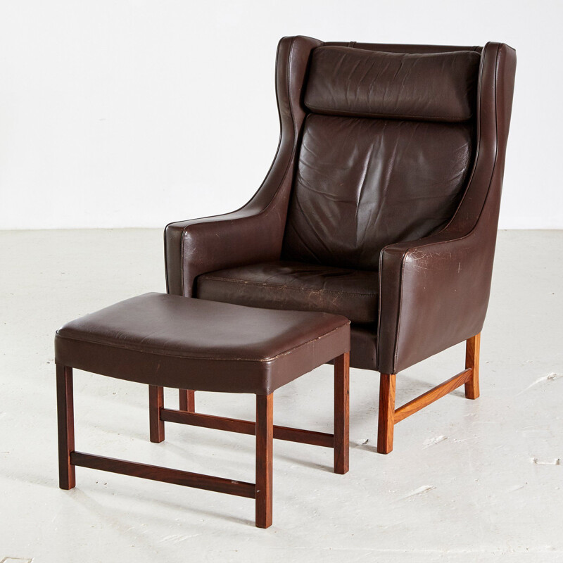 Vintage Rosewood & Leather 965H Reading Armchair & Ottoman by Fredrik A. Kayser for Vatne Mobler 1960s