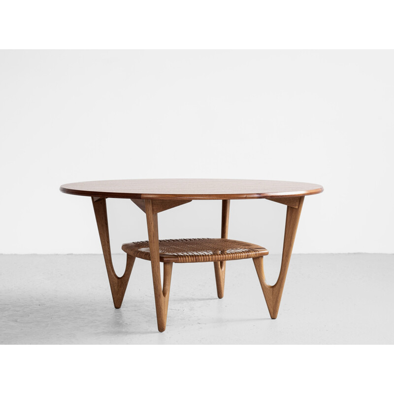 Vintage round coffee table in teak and oak by Kurt Ostervig, Danish 1950s