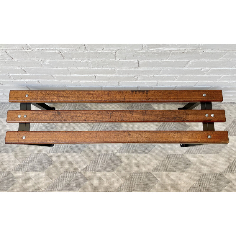 Vintage School Hallway Bench Teak and Metal