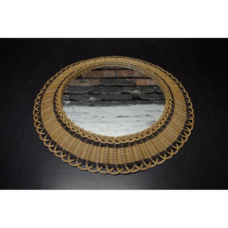 Vintage wicker frame round mirror