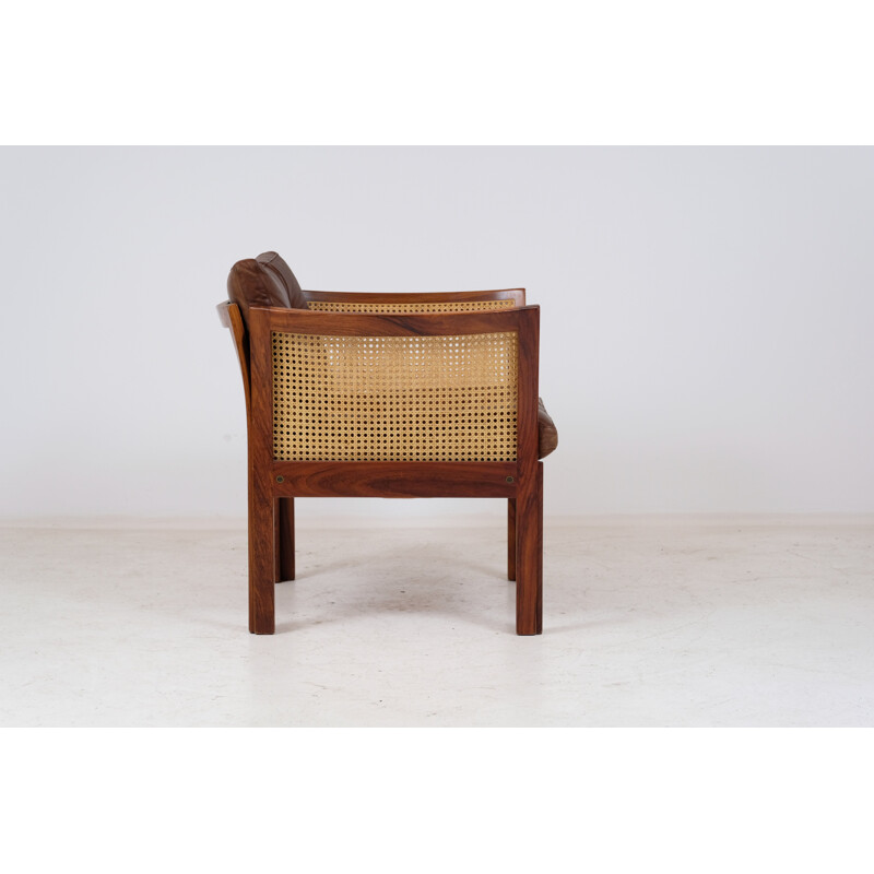 Fauteuil vintage cuir en palissandre illum wikkelso pour Silkeborg, Denmark 1960