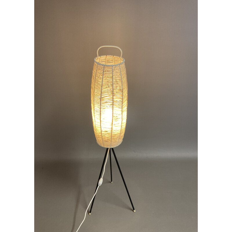 Vintage tripod floor lamp in metal and Raphia 1950s