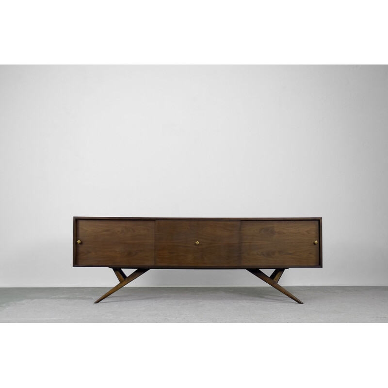 Modern vintage walnut sideboard with brass handles, Denmark 1960