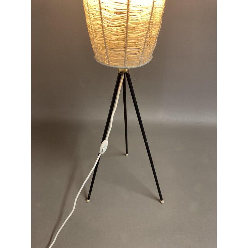 Vintage tripod floor lamp in metal and Raphia 1950s