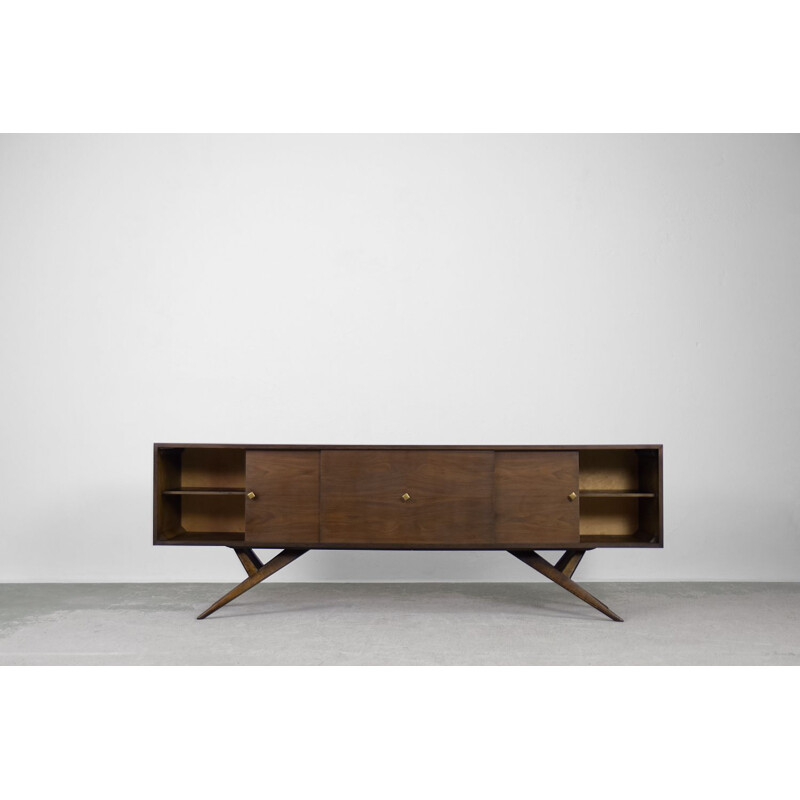 Credenza moderna d'epoca in noce con maniglie in ottone, Danimarca 1960