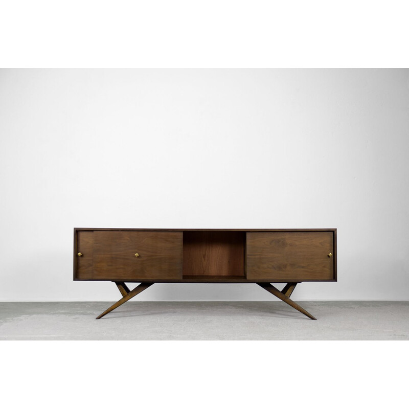 Modern vintage walnut sideboard with brass handles, Denmark 1960