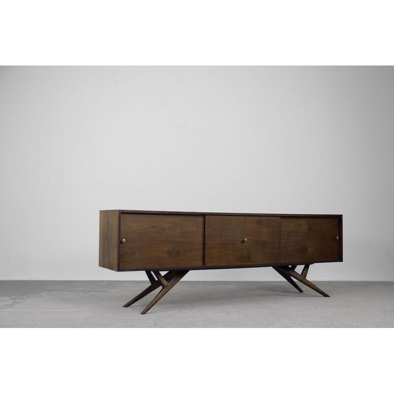 Modern vintage walnut sideboard with brass handles, Denmark 1960