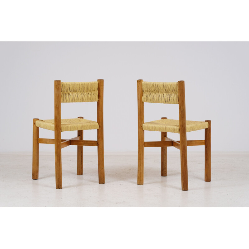 Paire de chaises vintage dossier paillé par Charlotte Perriand méribel 1960