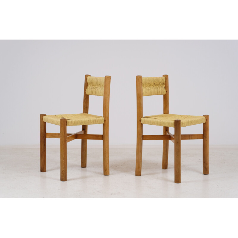 Paire de chaises vintage dossier paillé par Charlotte Perriand méribel 1960