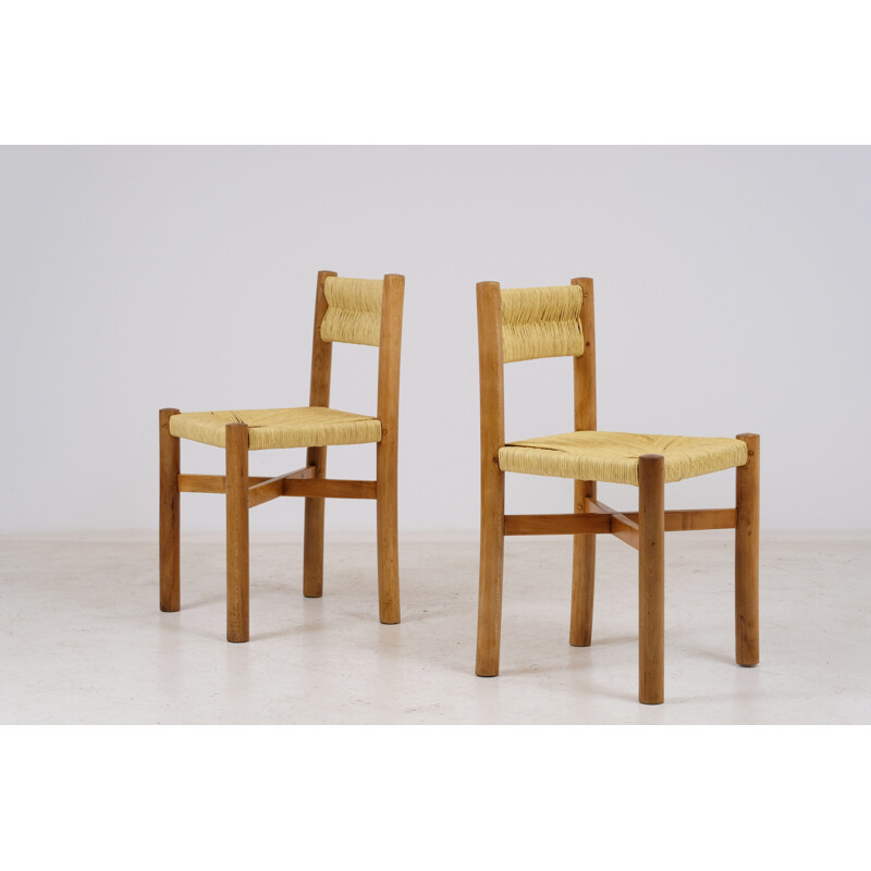 Pair of vintage chairs with straw back by Charlotte Perriand 1960s