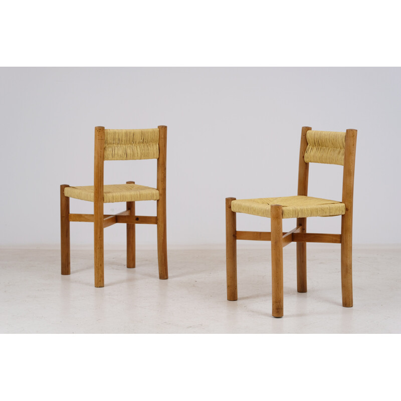 Pair of vintage chairs with straw back by Charlotte Perriand 1960s