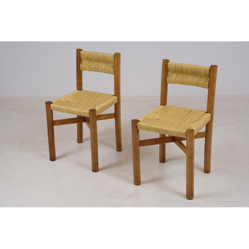 Pair of vintage chairs with straw back by Charlotte Perriand 1960s