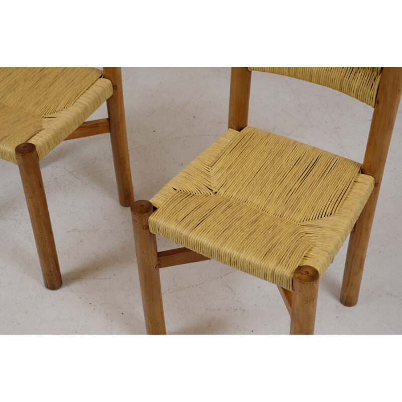 Pair of vintage chairs with straw back by Charlotte Perriand 1960s