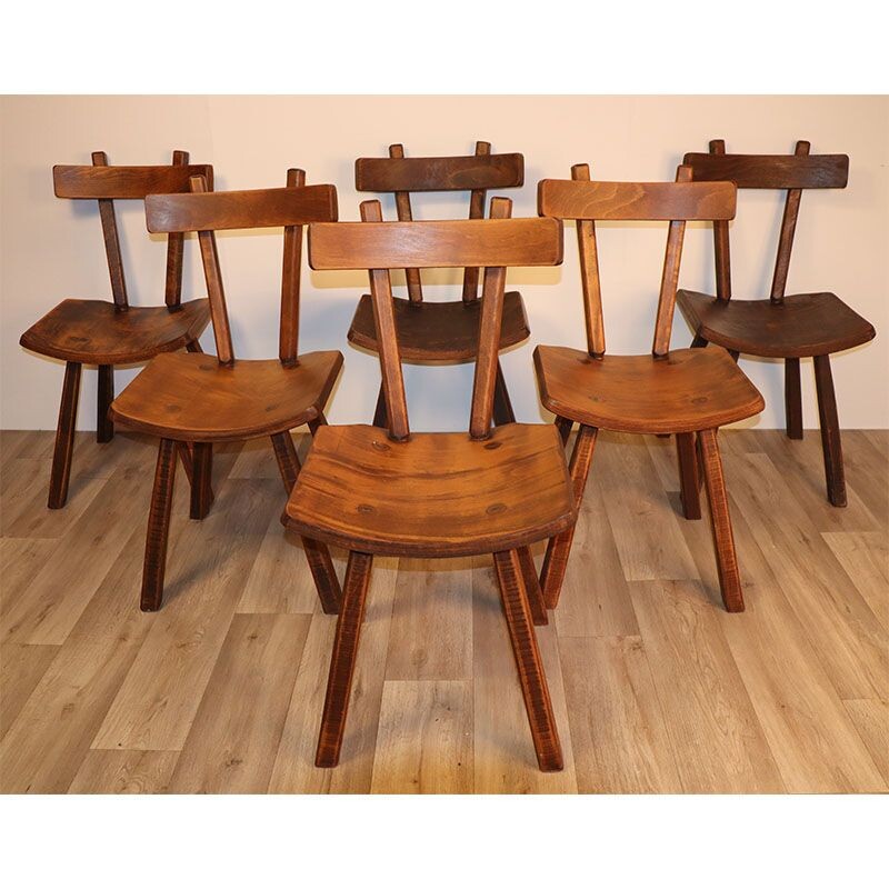 Lot de 6 chaises vintage brutaliste en orme 1960