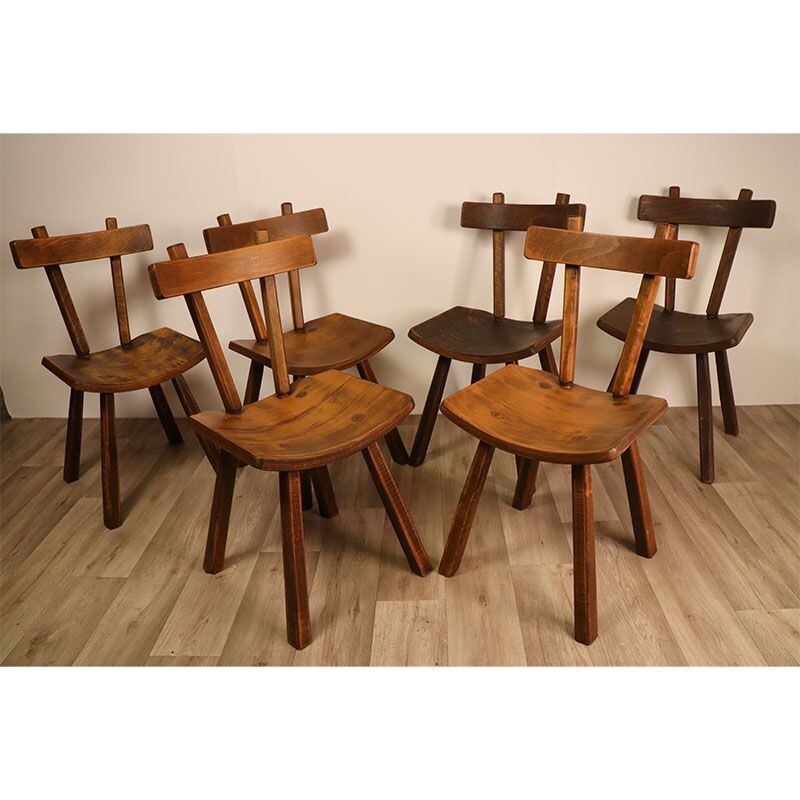 Lot de 6 chaises vintage brutaliste en orme 1960