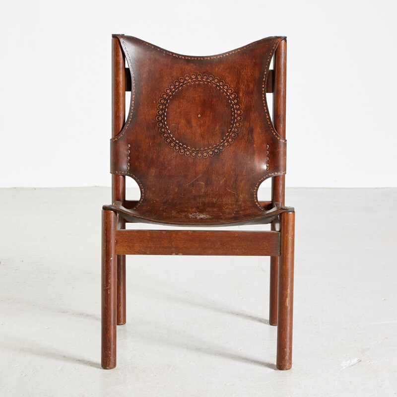 Vintage Leather Lounge Chair with Folkloric Motifs 1976s