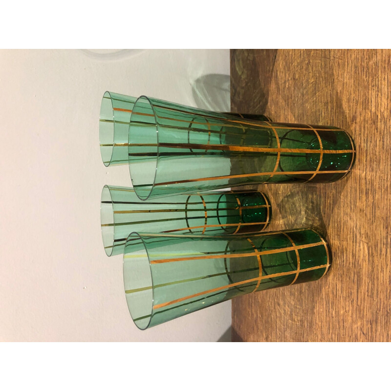 Vintage orangeade set in green glass and gold decoration, 1950