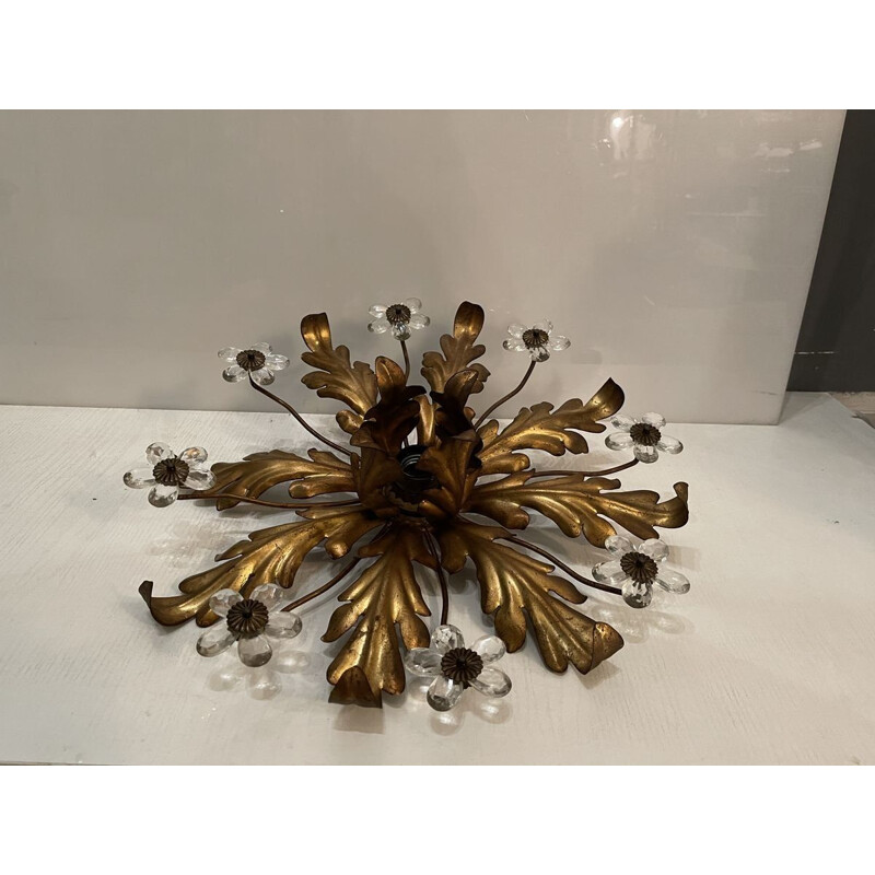 Vintage Gilt Tole & Murano Glass Flower Flush Mount Lamp 1960s