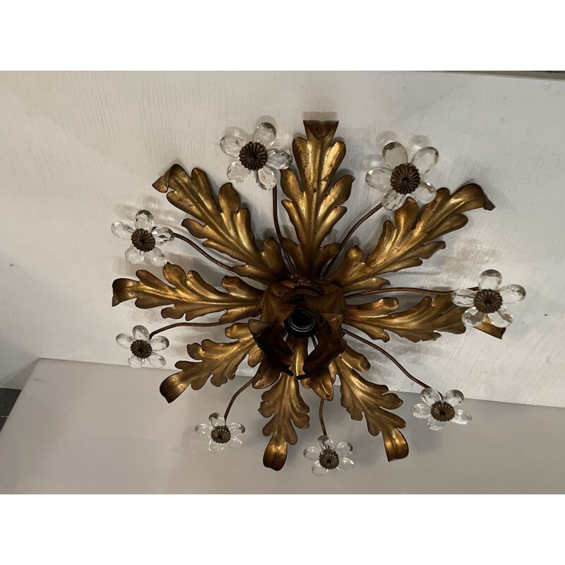 Vintage Gilt Tole & Murano Glass Flower Flush Mount Lamp 1960s