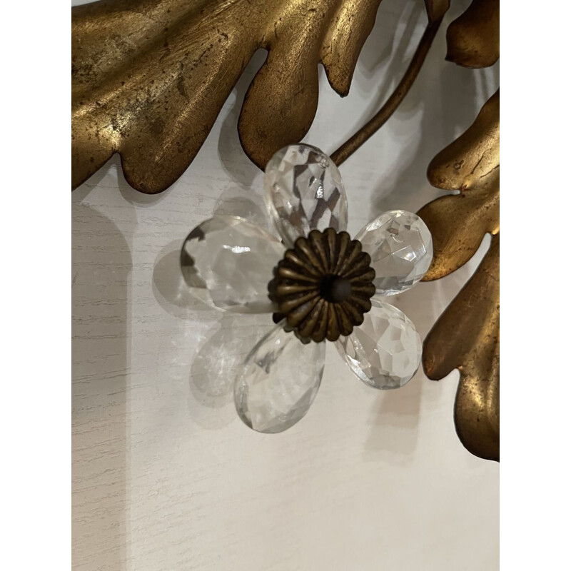 Vintage Gilt Tole & Murano Glass Flower Flush Mount Lamp 1960s