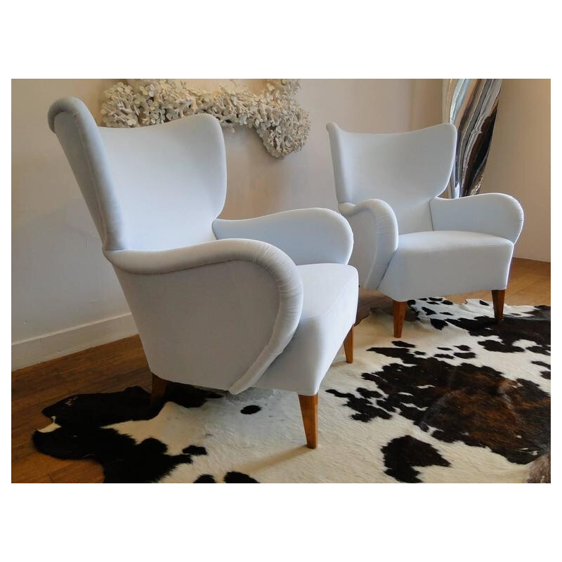 Paire de fauteuils scandinaves en hêtre et velours Kvadrat blanc - 1940