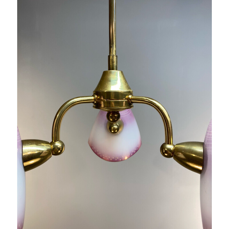 Petite lampe vintage délicate 3 bras abat-jour en verre coloré