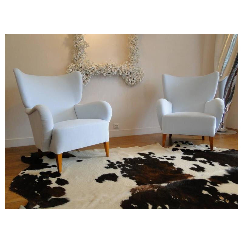Paire de fauteuils scandinaves en hêtre et velours Kvadrat blanc - 1940
