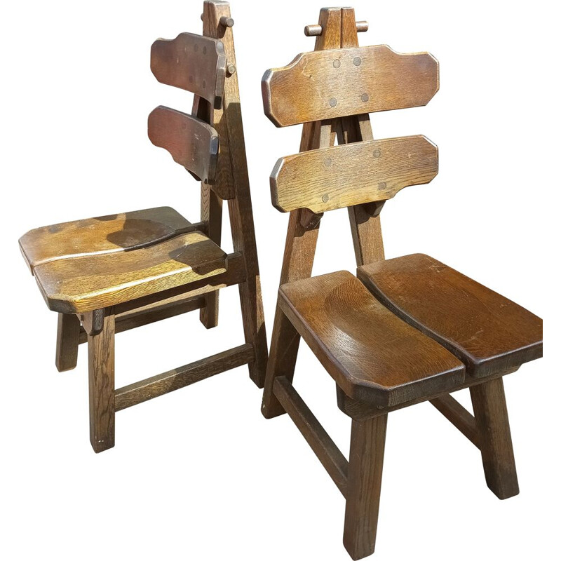 Pair of vintage brutalismus chairs in solid oak 1970s