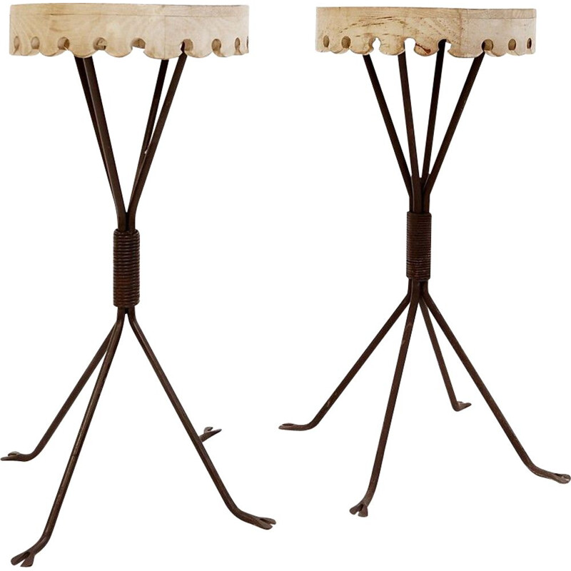 Pair of vintage wood and iron side tables