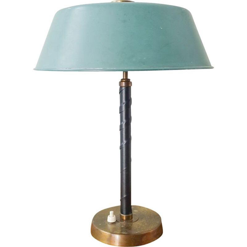 Vintage Table Lamp in Brass and Leather by Einar Backstrom, Sweden 1940s