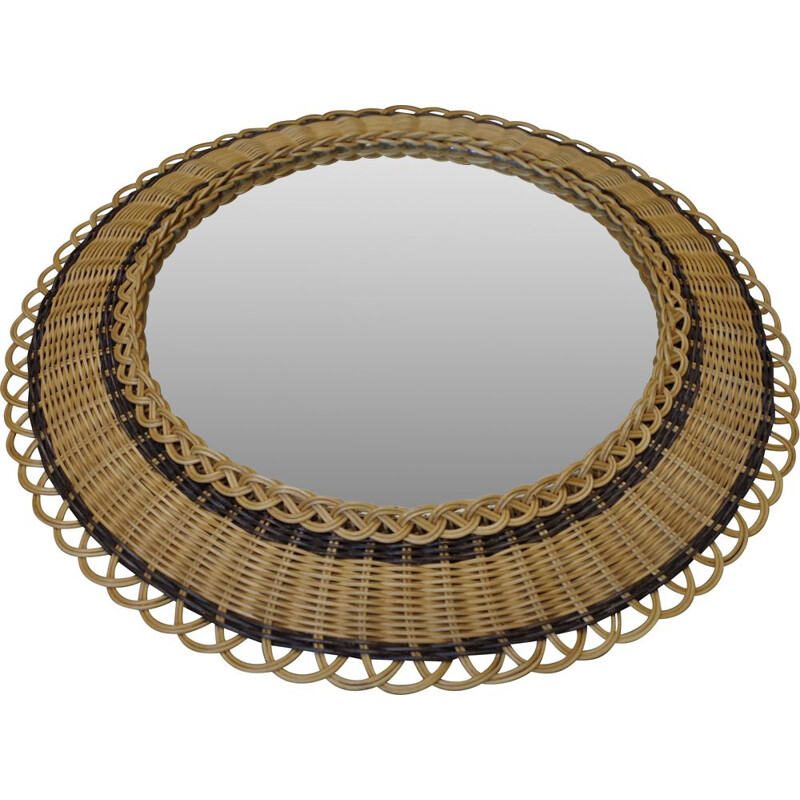 Vintage wicker frame round mirror