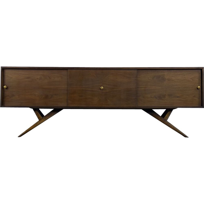 Modern vintage walnut sideboard with brass handles, Denmark 1960