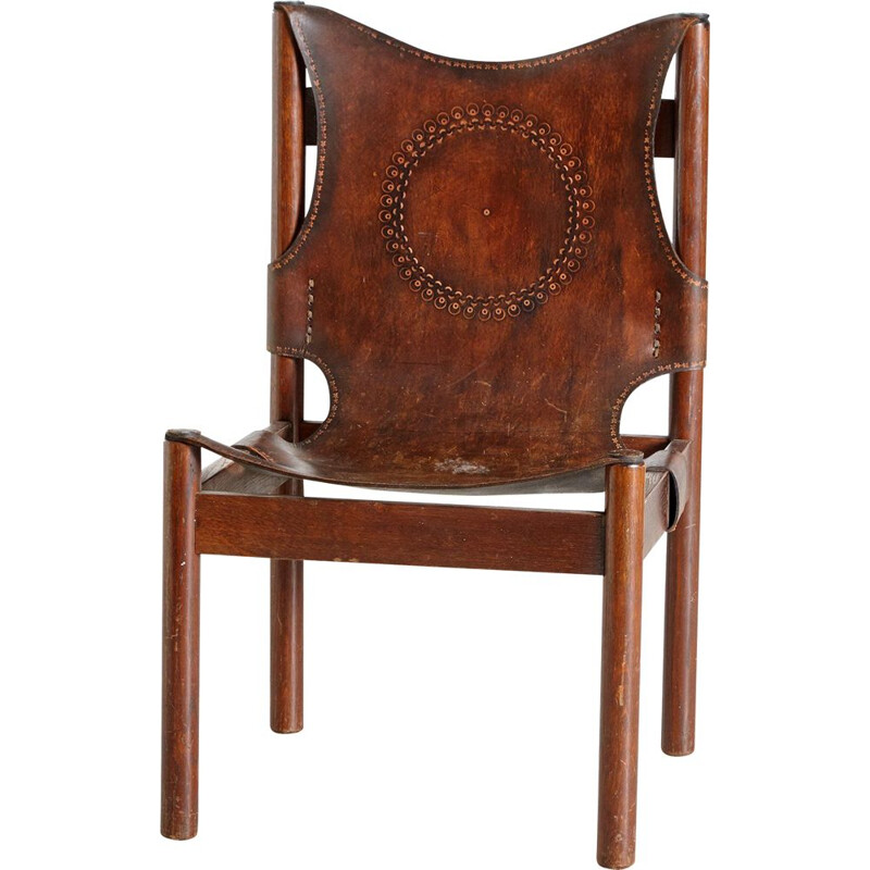 Vintage Leather Lounge Chair with Folkloric Motifs 1976s