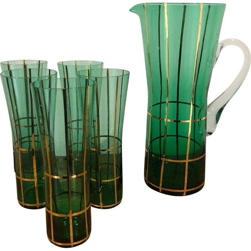 Vintage orangeade set in groen glas en gouden decoratie, 1950