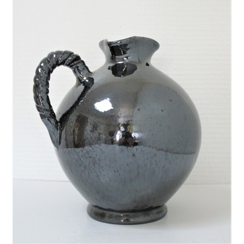 Vintage ceramic pitcher with pearly black glaze by Reinhold Rieckmann