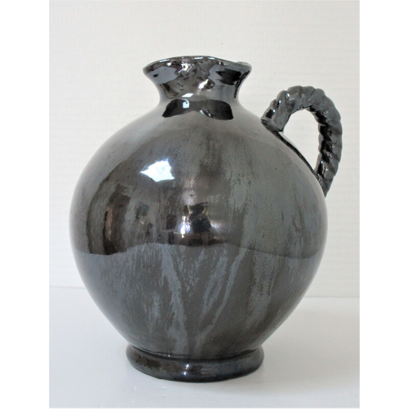 Vintage ceramic pitcher with pearly black glaze by Reinhold Rieckmann