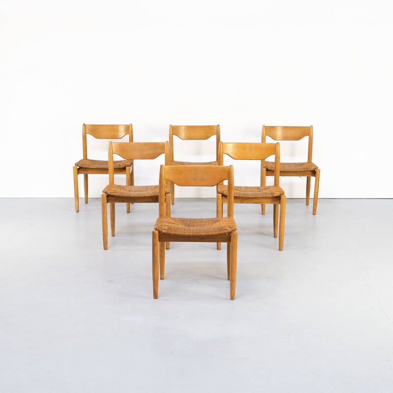 Set of 6 vintage Wicker and wooden dining chair 1970s