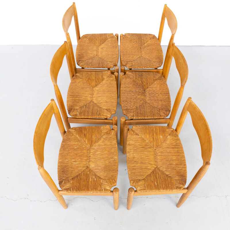 Set of 6 vintage Wicker and wooden dining chair 1970s