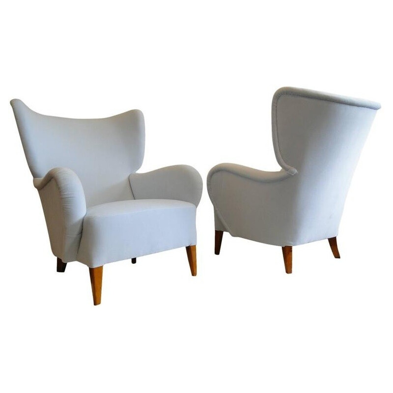 Pair of Scandinavian armchairs in beech and white Kvadrat velvet - 1940s