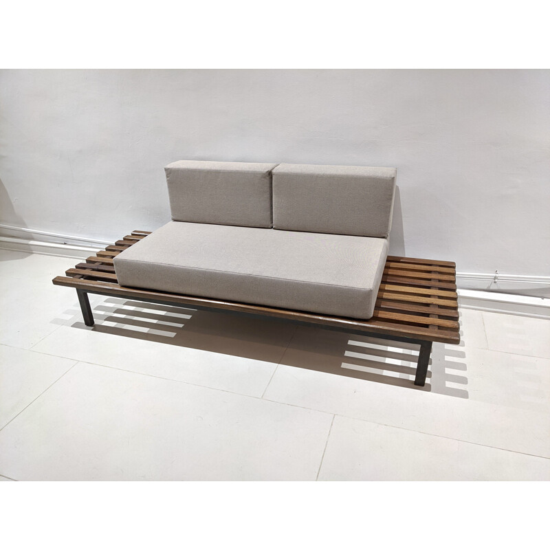 Vintage Cansado bench with mattress and cushions by Charlotte Perriand 1954s